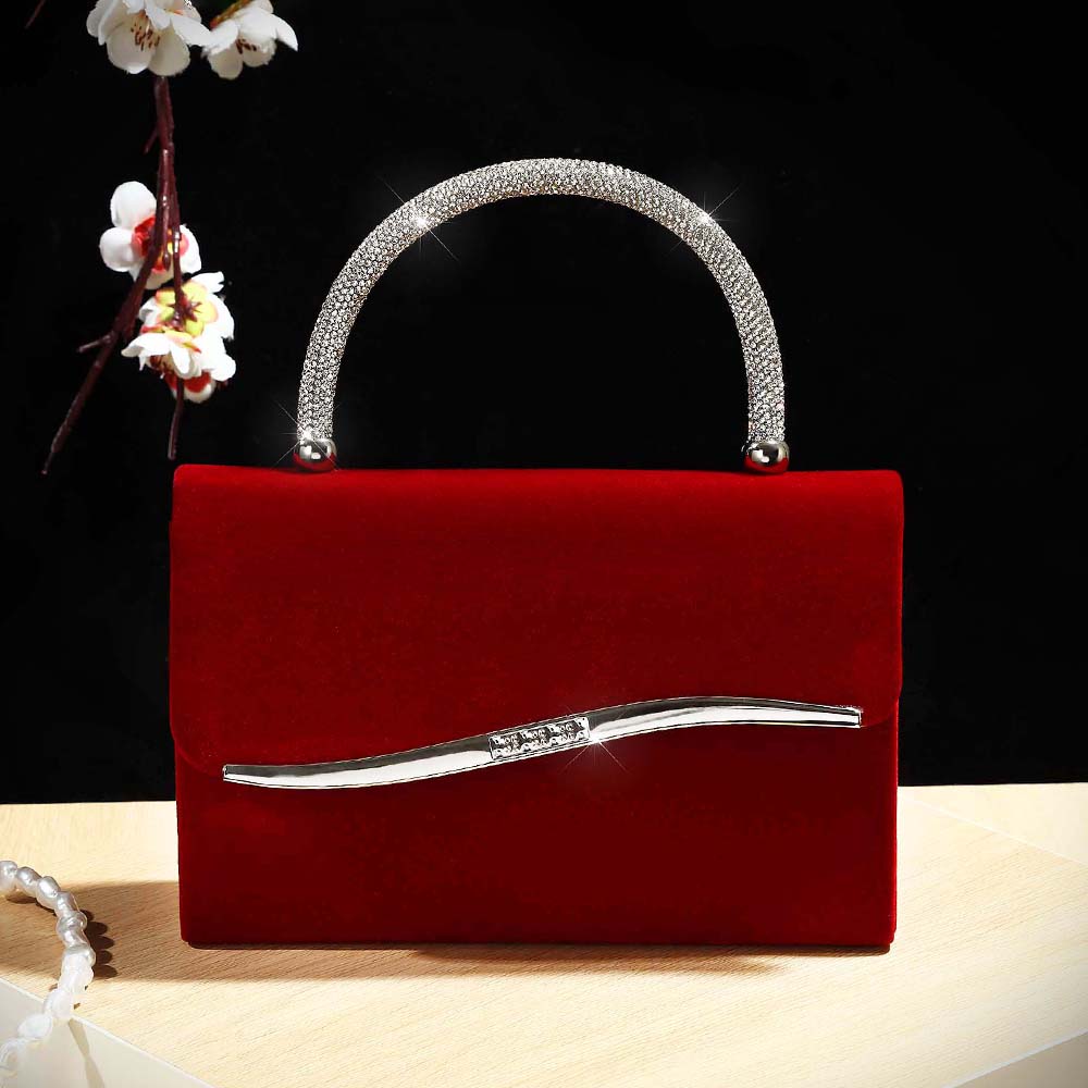 Luxury Bags Outlet - New wine red velvet diamond-encrusted handbag